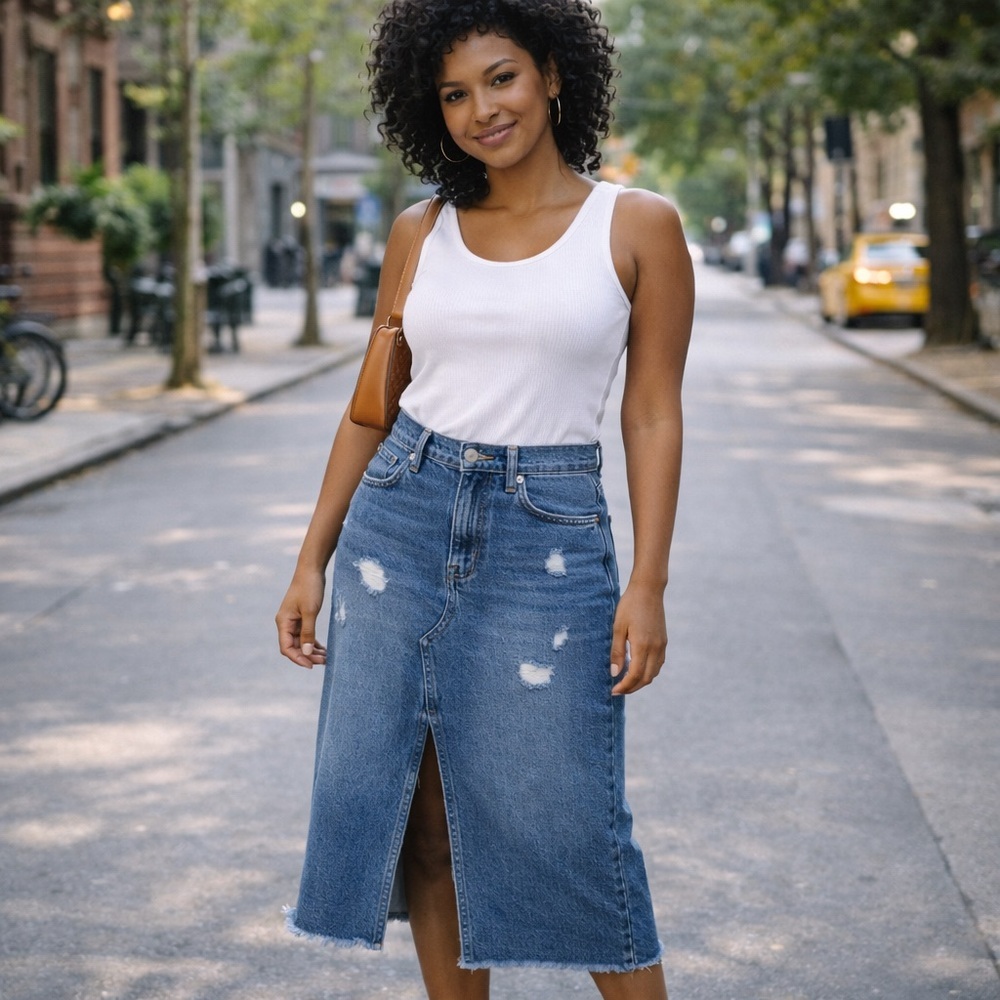 Francesca's Miami Blue Distressed Denim Midi Skirt XS